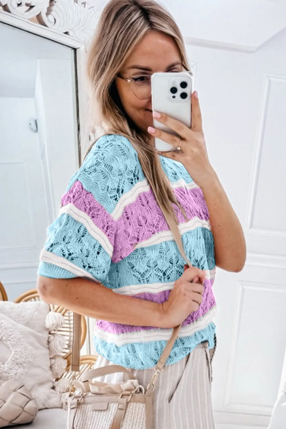 Purple Stripe Colour Block Hollow Out Crochet Half Sleeve Sweater sold by Beagle Boutique product image thumbnail 2