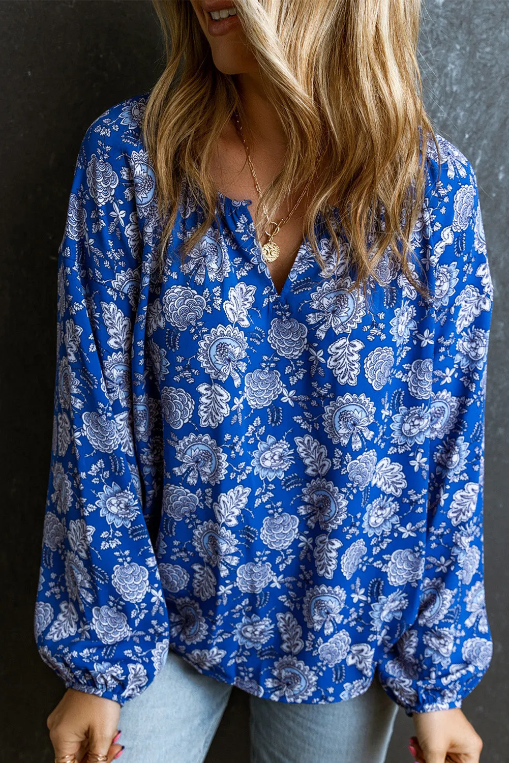Blue Floral Notched V-Neck Long Sleeve Blouse sold by Beagle Boutique product image thumbnail 3