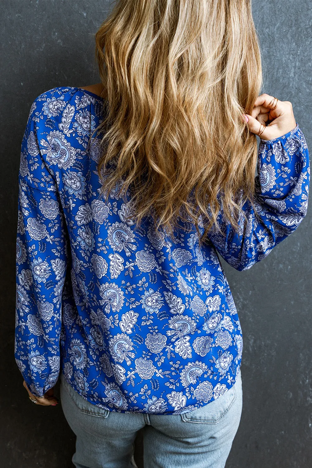 Blue Floral Notched V-Neck Long Sleeve Blouse sold by Beagle Boutique product image thumbnail 2