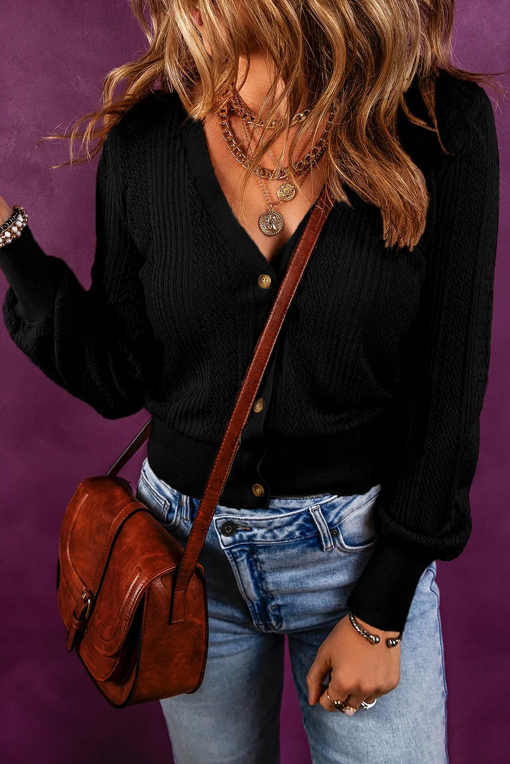 Desert Palm V Neck Buttoned Textured Sweater Cardigan sold by Beagle Boutique product image thumbnail 4