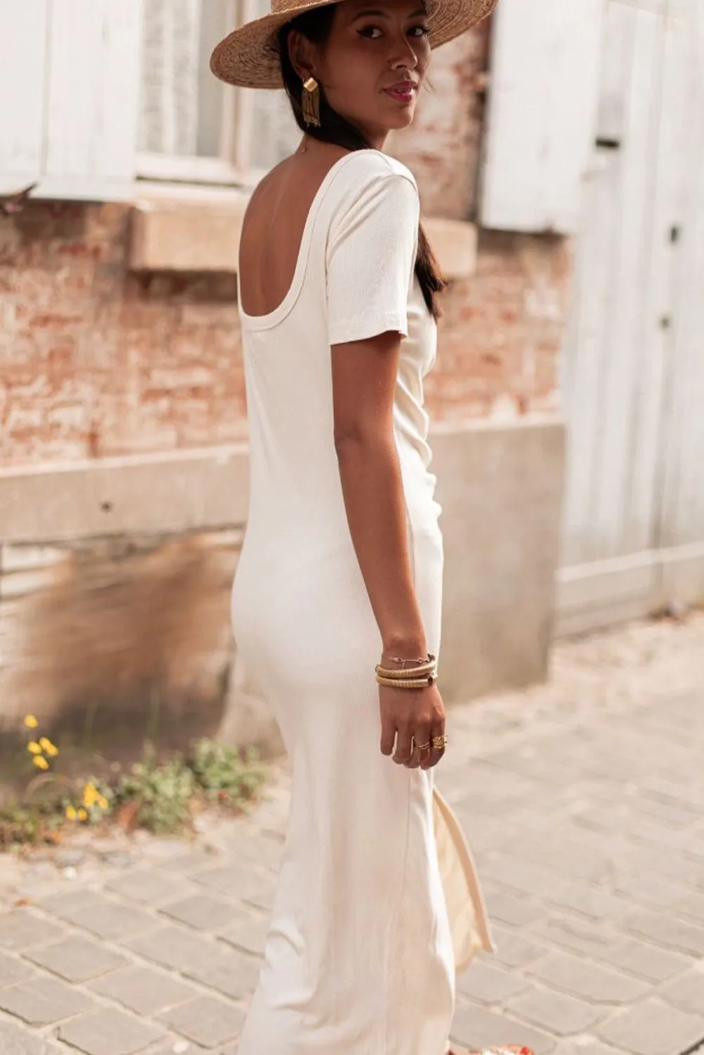 Beige V Neck Ruched Button Front French T-shirt Dress sold by Beagle Boutique product image thumbnail 2