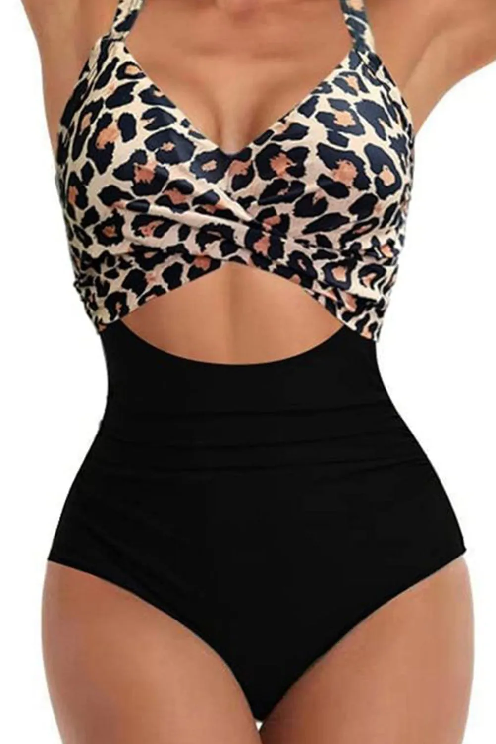 Black Leopard 2-tone Crossed Cutout Backless Monokini sold by Beagle Boutique product image thumbnail 3