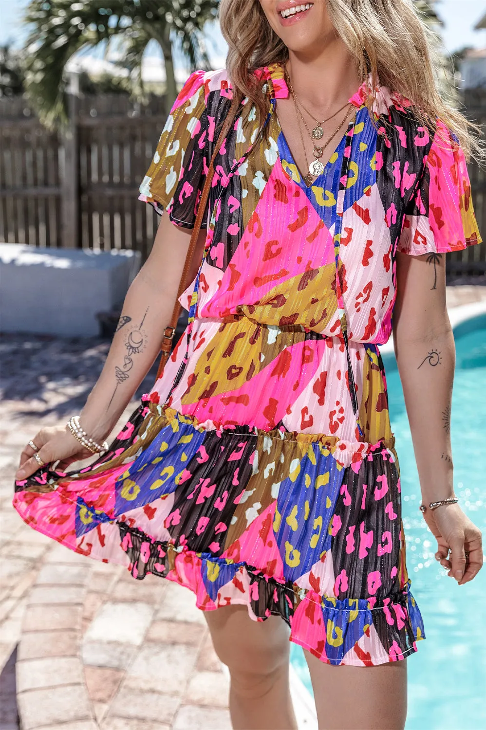 Rose Leopard Print Short Sleeve Tiered Ruffle Mini Dress sold by Beagle Boutique product image thumbnail 3