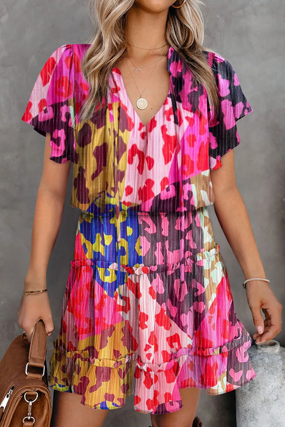 Rose Leopard Print Short Sleeve Tiered Ruffle Mini Dress sold by Beagle Boutique