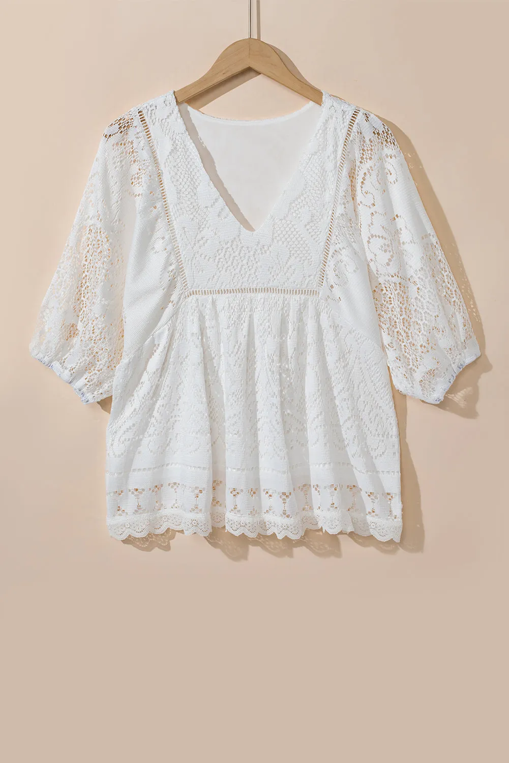 White Lace Crochet Hollowed Scallop Hem V Neck Blouse sold by Beagle Boutique product image thumbnail 3