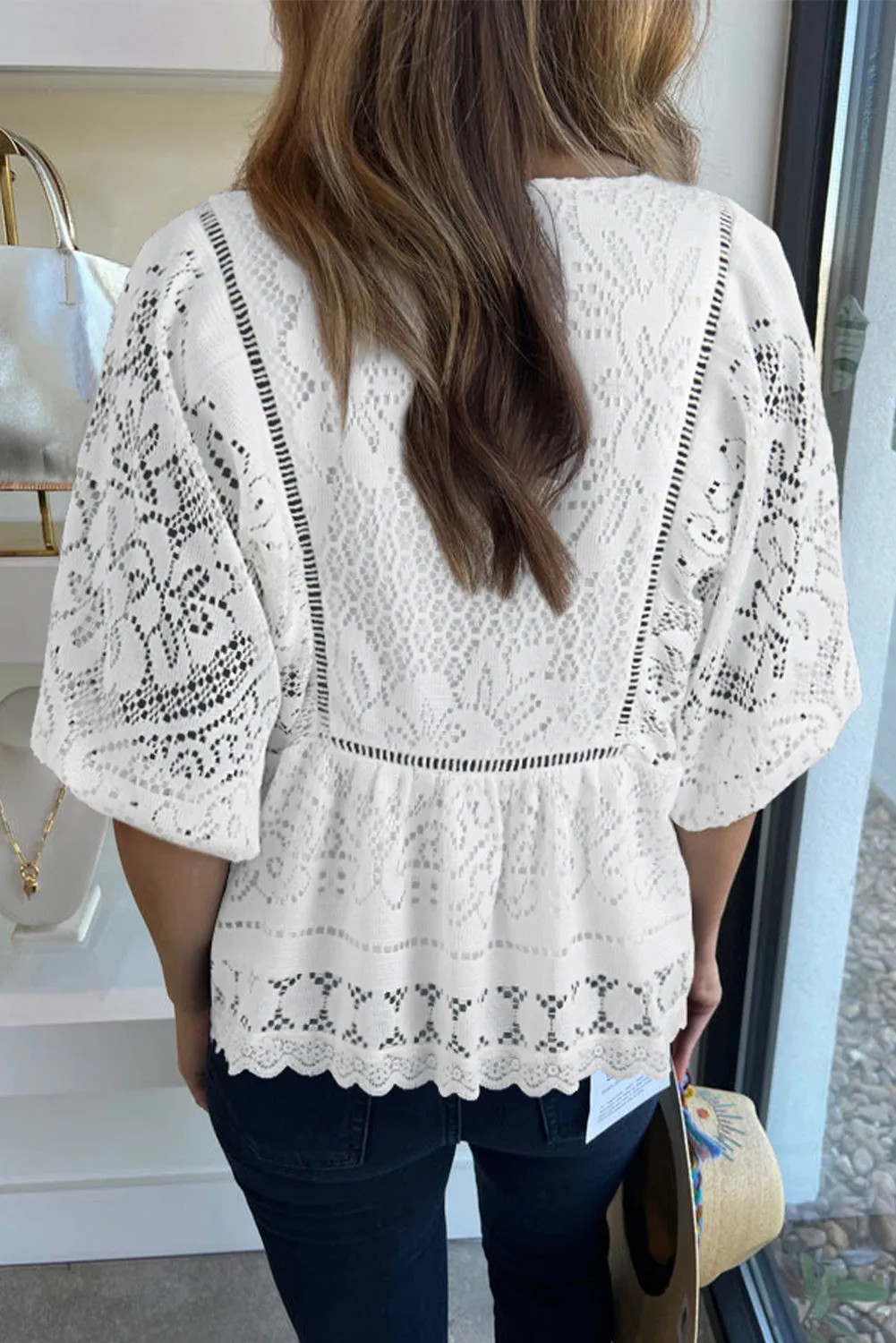 White Lace Crochet Hollowed Scallop Hem V Neck Blouse sold by Beagle Boutique product image thumbnail 2