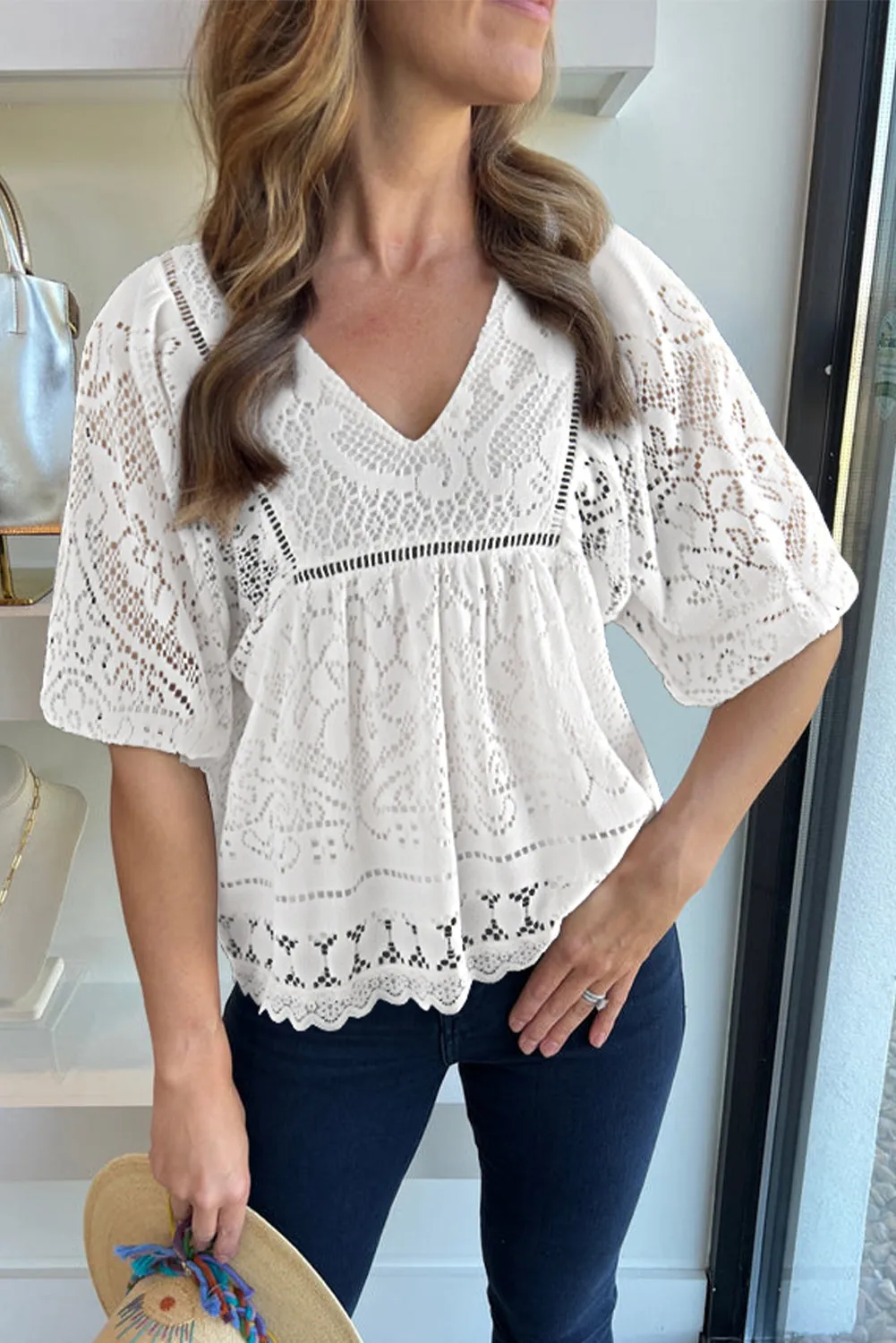 White Lace Crochet Hollowed Scallop Hem V Neck Blouse sold by Beagle Boutique