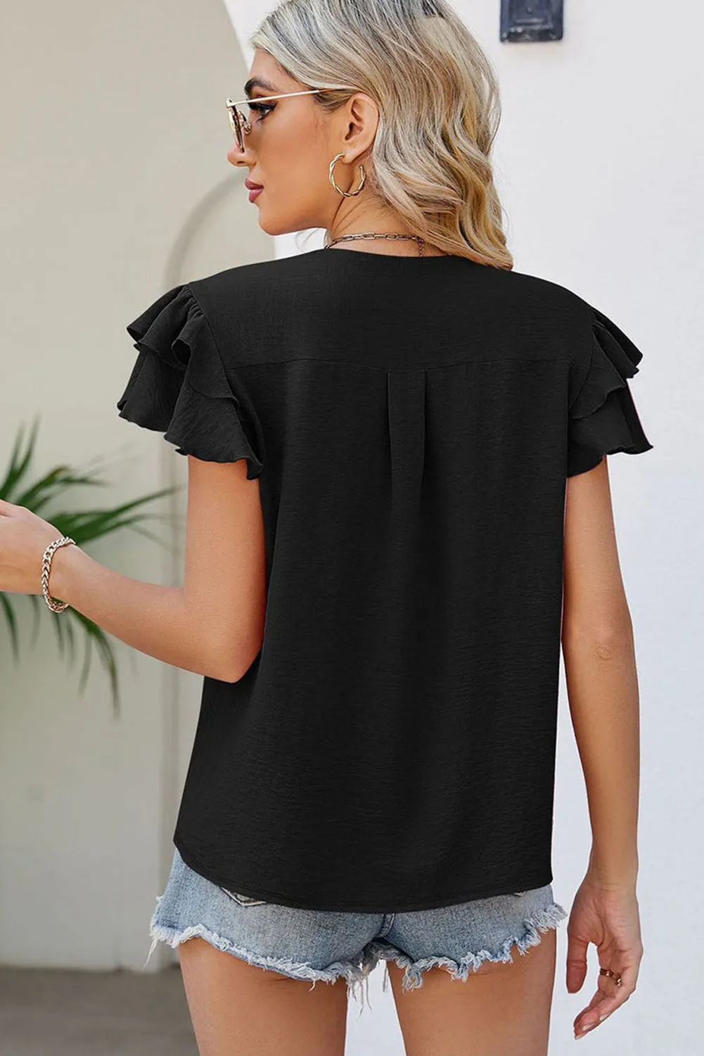 Black V Neck Ruffle Short Sleeve Blouse sold by Beagle Boutique product image thumbnail 2