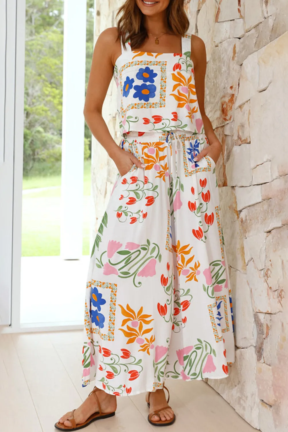 White Colourful Printed Square Neck Tank and Wide Leg Trousers Set sold by Beagle Boutique