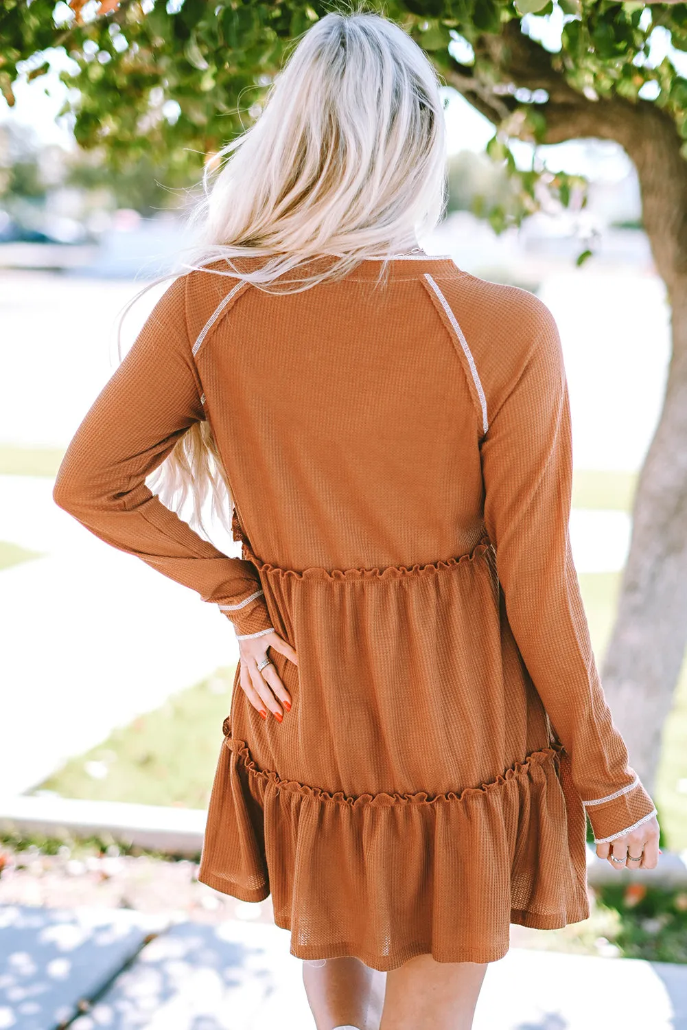 Chestnut Textured Tiered Ruffled Long Sleeve Mini Dress sold by Beagle Boutique product image thumbnail 2