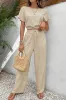 Beige Crinkled Elastic Hem Crop Tee and Wide Leg Pants Set sold by Beagle Boutique