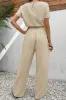 Beige Crinkled Elastic Hem Crop Tee and Wide Leg Pants Set sold by Beagle Boutique