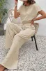 Beige Crinkled Elastic Hem Crop Tee and Wide Leg Pants Set sold by Beagle Boutique
