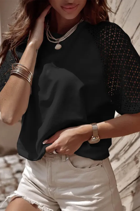 Black Pointelle Lace Half Sleeve Crew Neck Tee sold by Beagle Boutique