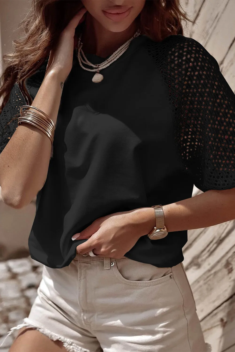 Black Pointelle Lace Half Sleeve Crew Neck Tee sold by Beagle Boutique