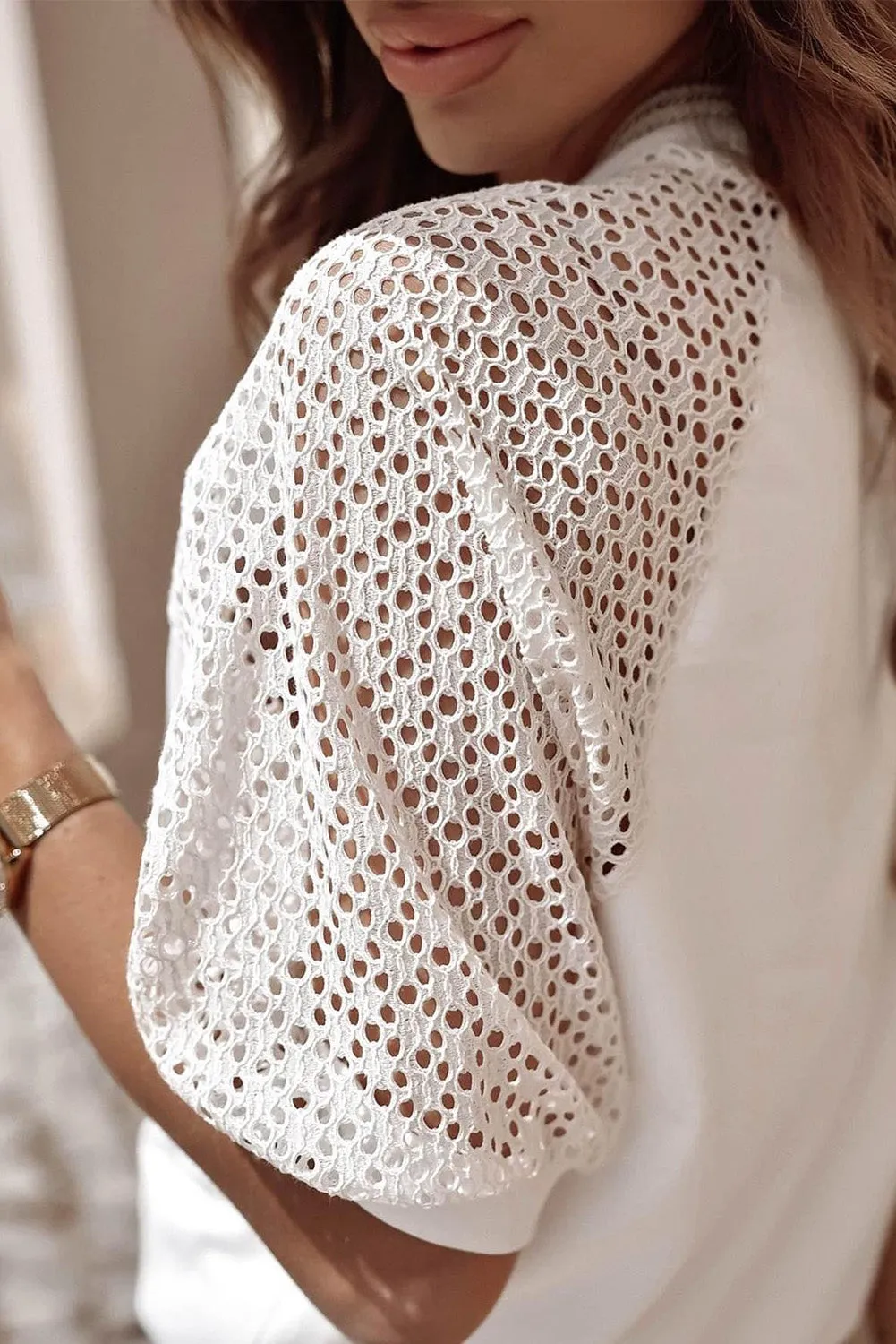 Black Pointelle Lace Half Sleeve Crew Neck Tee sold by Beagle Boutique product image thumbnail 5