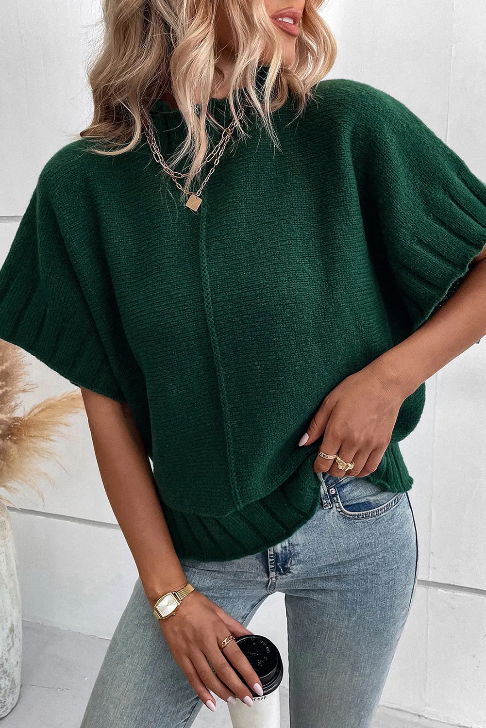 Blackish Green Mock Neck Batwing Short Sleeve Knit Sweater sold by Beagle Boutique