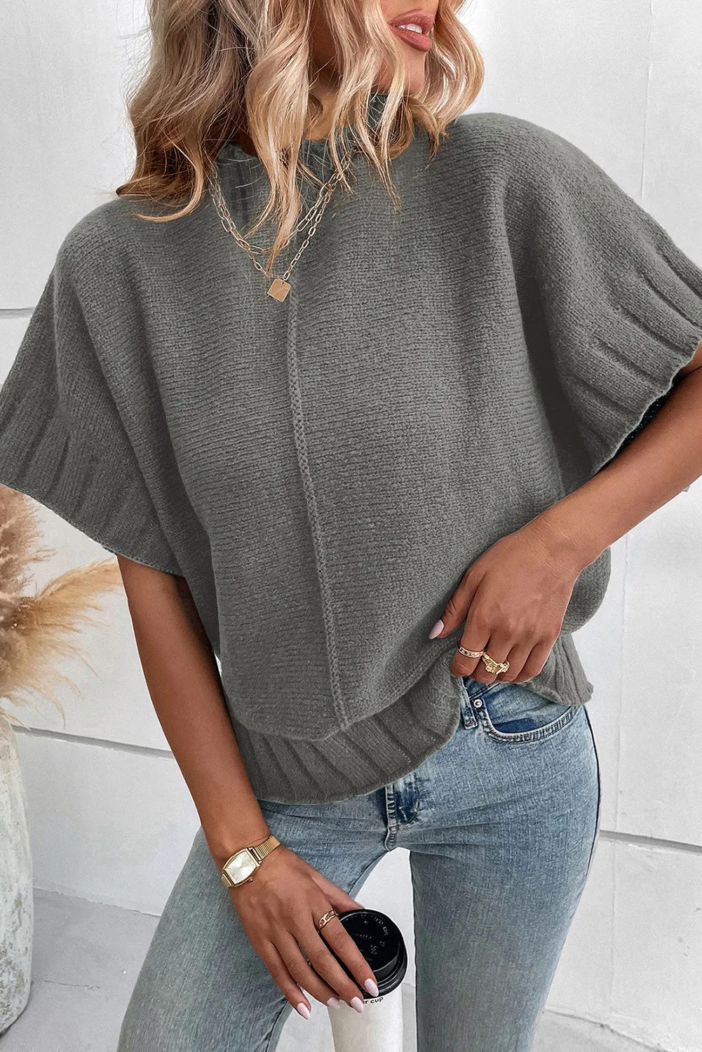 Blackish Green Mock Neck Batwing Short Sleeve Knit Sweater sold by Beagle Boutique product image thumbnail 4