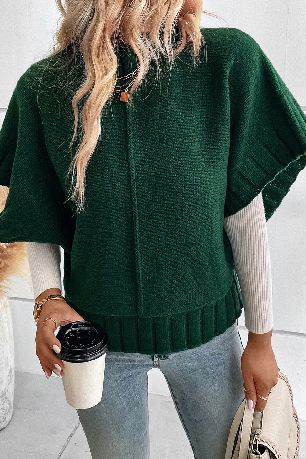 Blackish Green Mock Neck Batwing Short Sleeve Knit Sweater sold by Beagle Boutique product image thumbnail 3