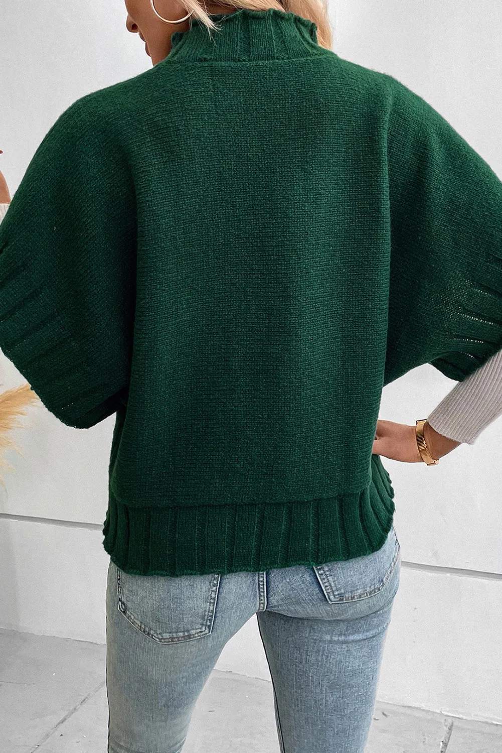 Blackish Green Mock Neck Batwing Short Sleeve Knit Sweater sold by Beagle Boutique product image thumbnail 2