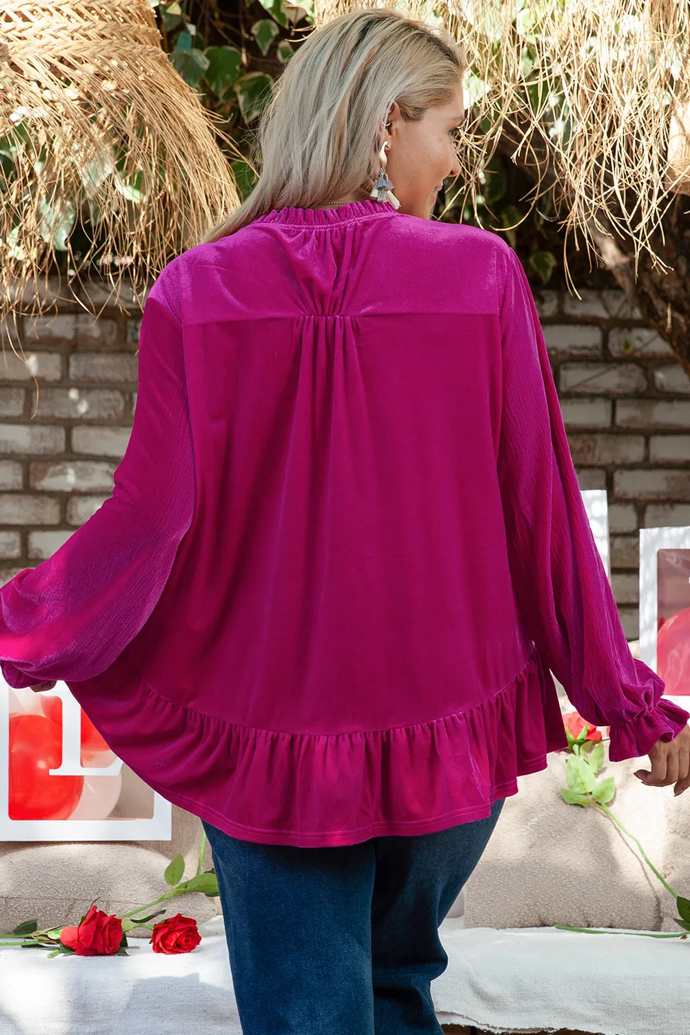 Bright Pink Plus Size Ruffled Sleeve V Neck Velvet Blouse sold by Beagle Boutique product image thumbnail 2