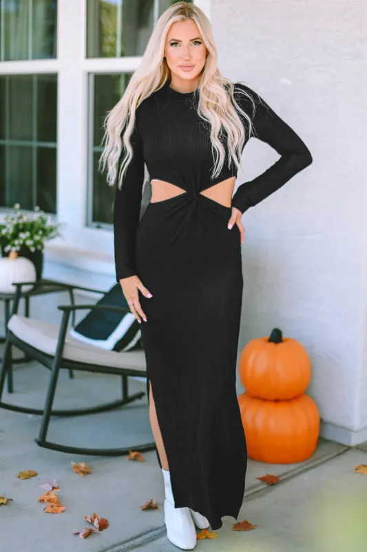 Black Ribbed Twist Cutout Long Sleeve Dress sold by Beagle Boutique