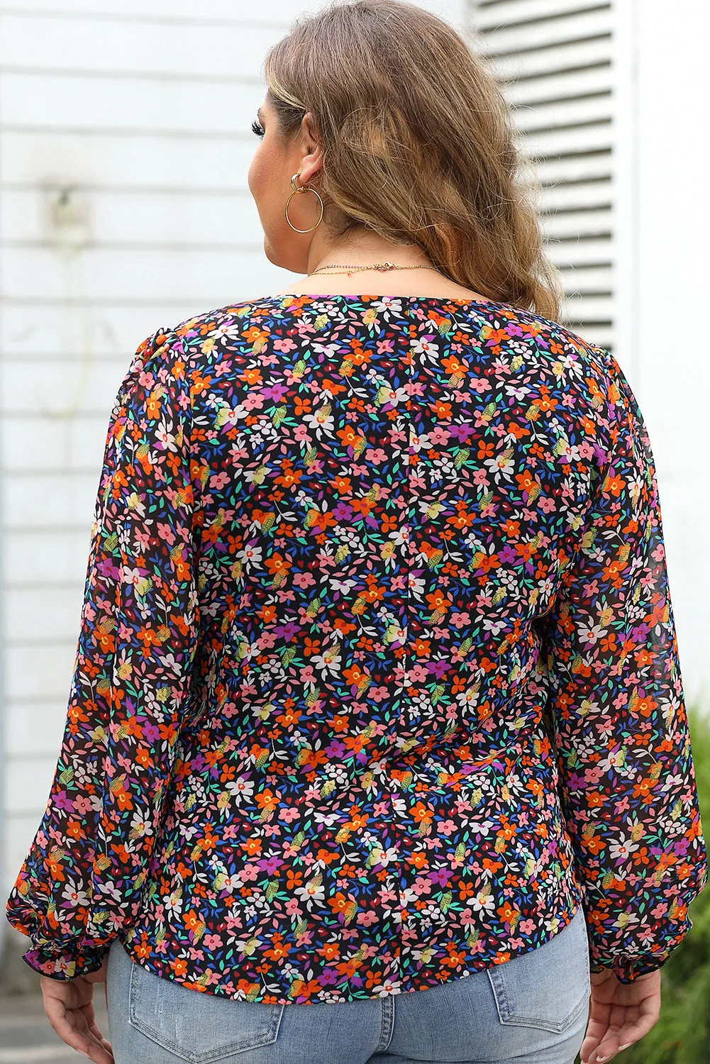 Black Plus Size V Neck Bubble Sleeve Floral Blouse sold by Beagle Boutique product image thumbnail 2