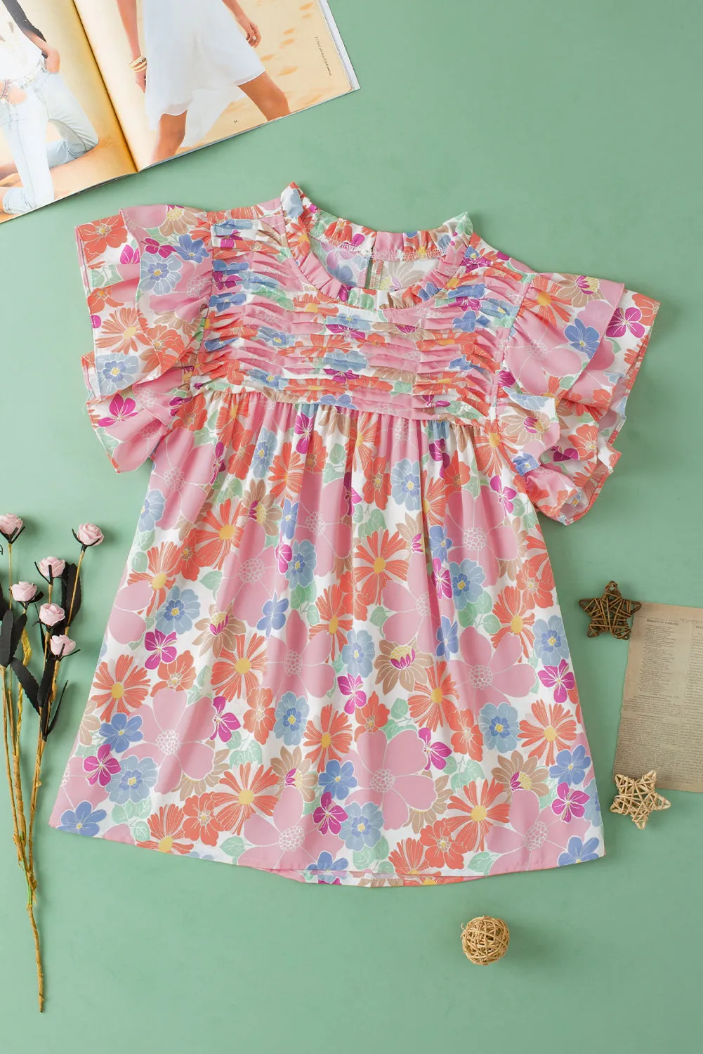 Pink Floral Ruffled Flutter Sleeve Pleated Blouse sold by Beagle Boutique product image thumbnail 3