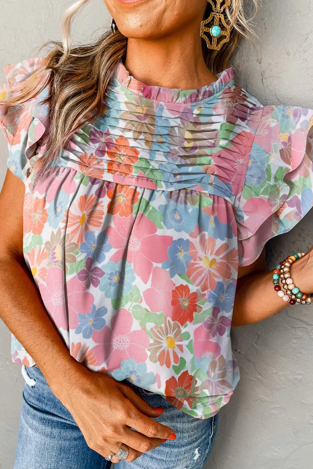 Pink Floral Ruffled Flutter Sleeve Pleated Blouse sold by Beagle Boutique