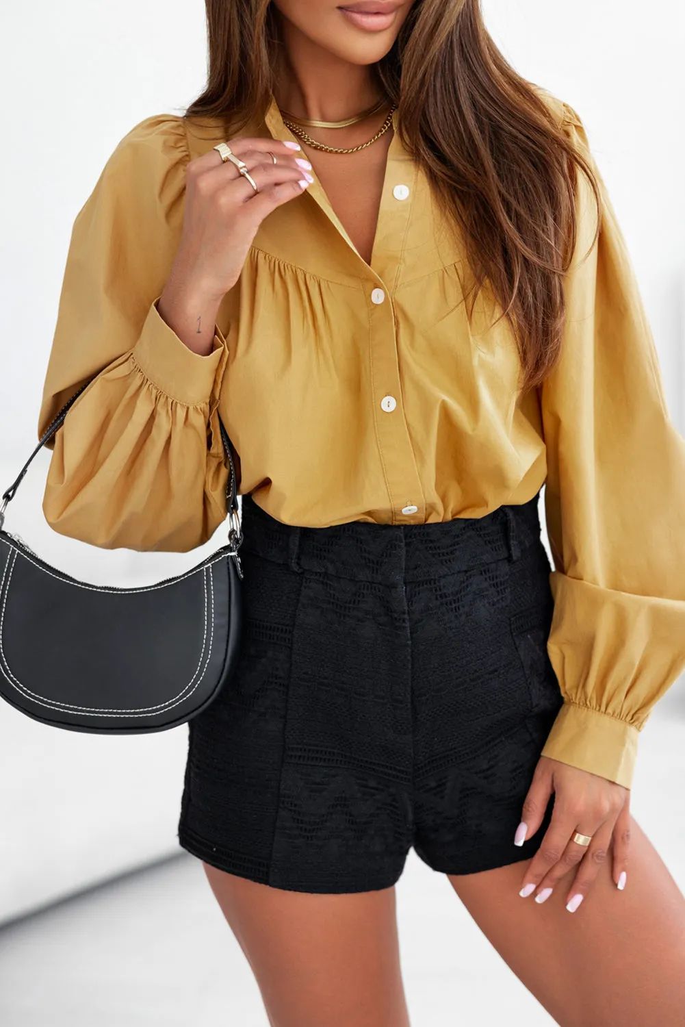Yellow Puff Sleeve Pleated Loose Shirt sold by Beagle Boutique