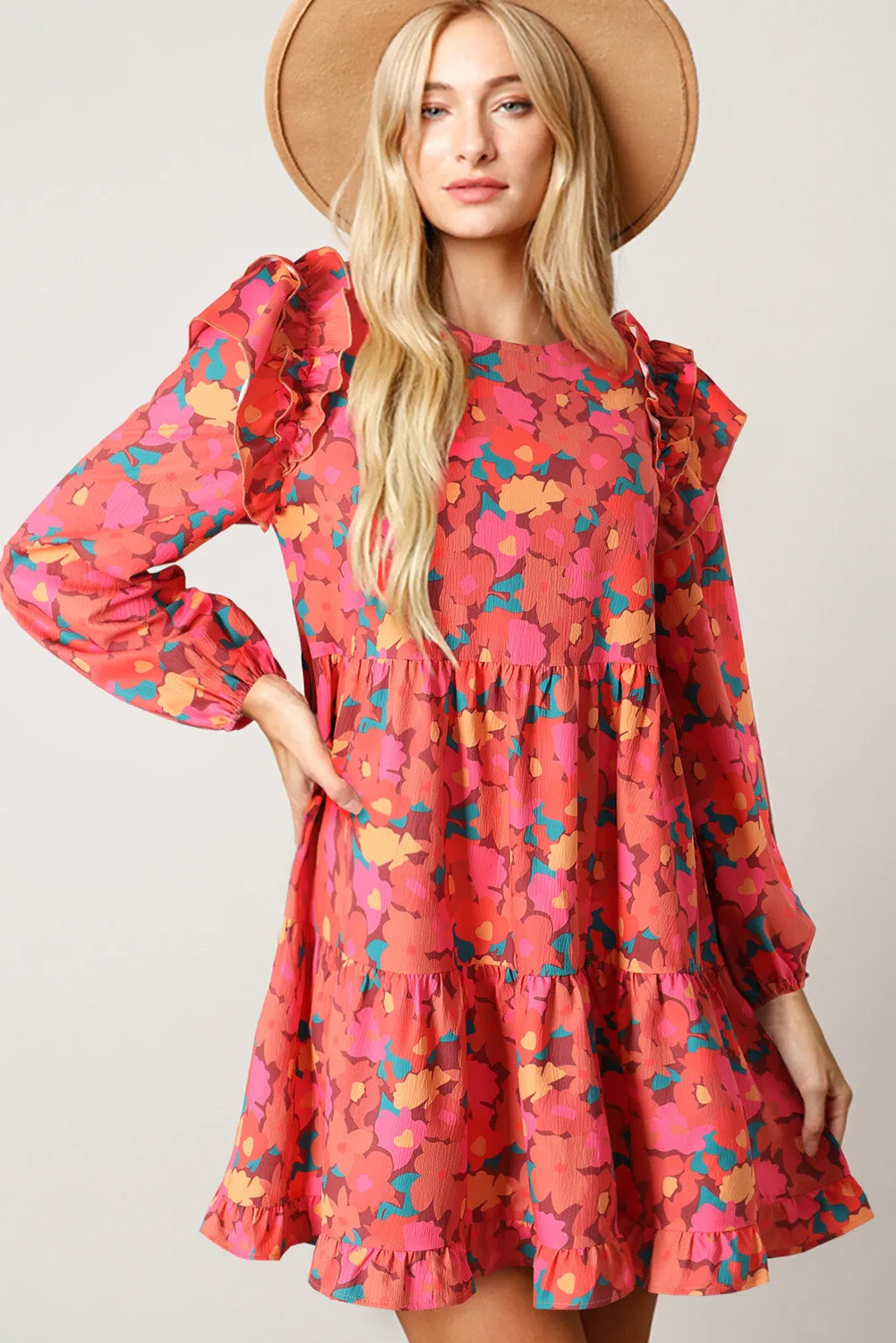 Rose Red Ruffle Shoulder Long Sleeve Floral Mini Dress sold by Beagle Boutique product image thumbnail 3