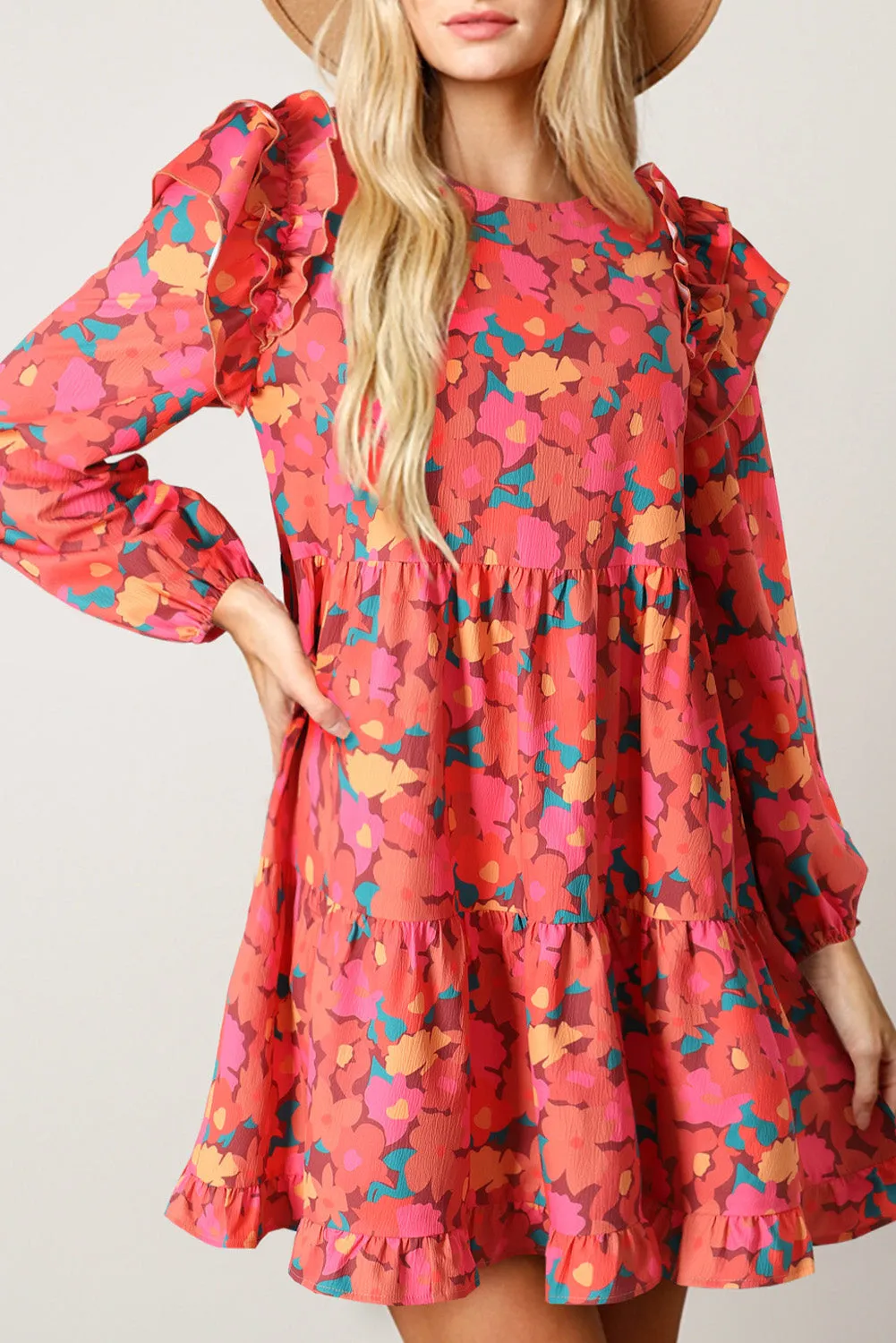 Rose Red Ruffle Shoulder Long Sleeve Floral Mini Dress sold by Beagle Boutique