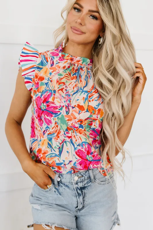 Multicolor Abstract Striped Patchwork Ruffled Short Sleeve Blouse sold by Beagle Boutique