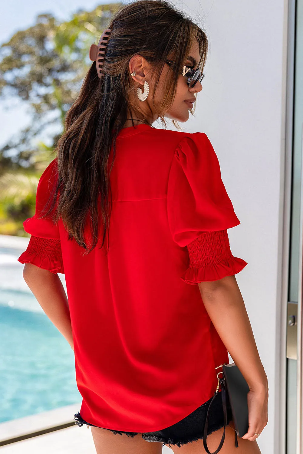 Fiery Red Solid Color Half Sleeve V Neck Blouse sold by Beagle Boutique product image thumbnail 2