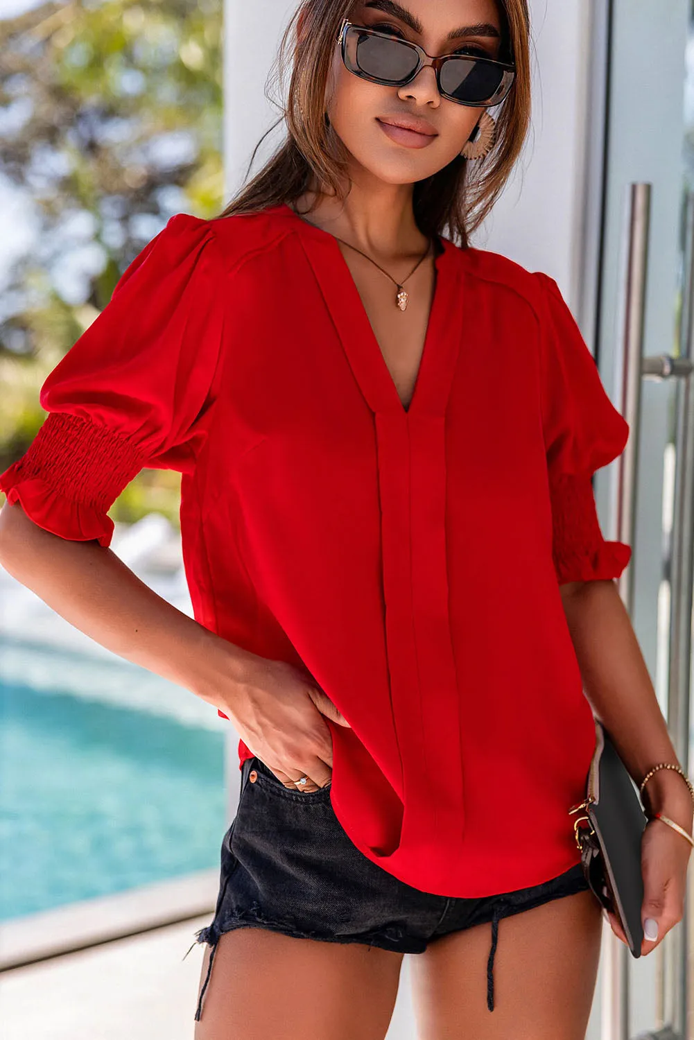 Fiery Red Solid Color Half Sleeve V Neck Blouse sold by Beagle Boutique
