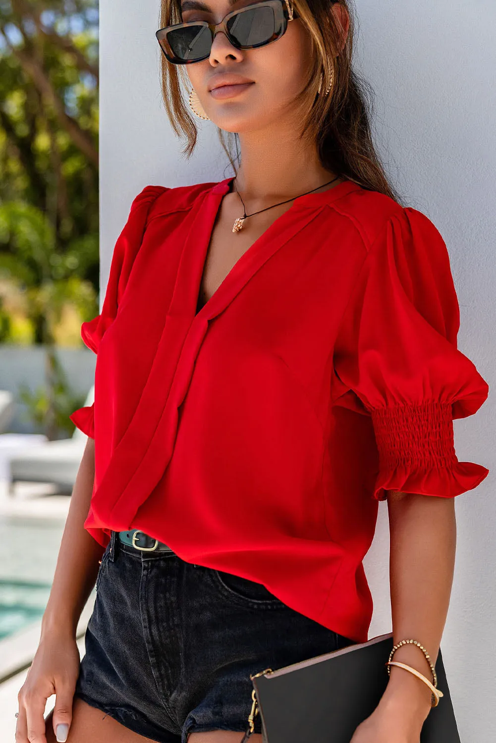 Fiery Red Solid Color Half Sleeve V Neck Blouse sold by Beagle Boutique product image thumbnail 3