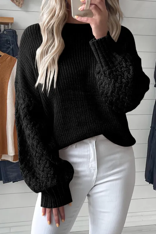 Light Grey Cable Knit Sleeve Drop Shoulder Sweater sold by Beagle Boutique
