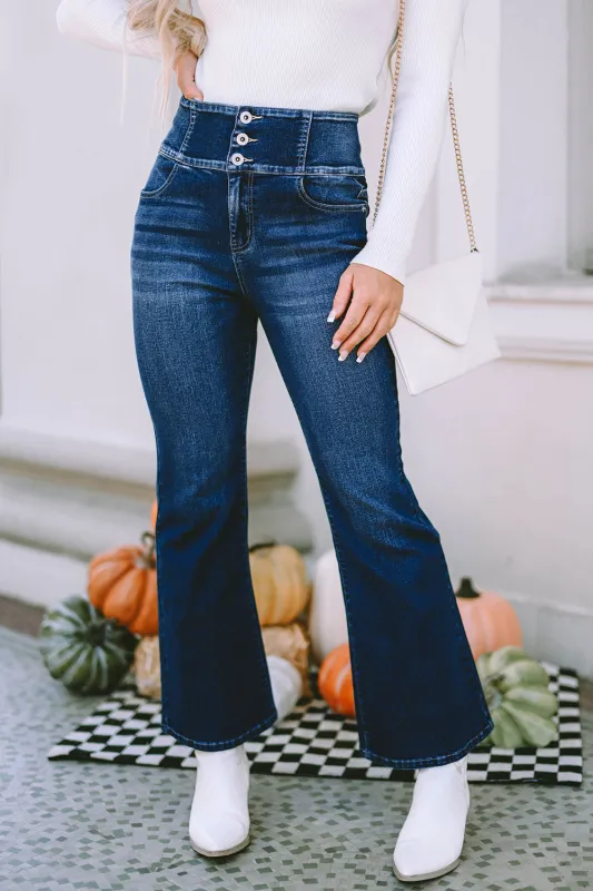 Blue Buttons Elastic Wide Waistband Back Flare Jeans sold by Beagle Boutique