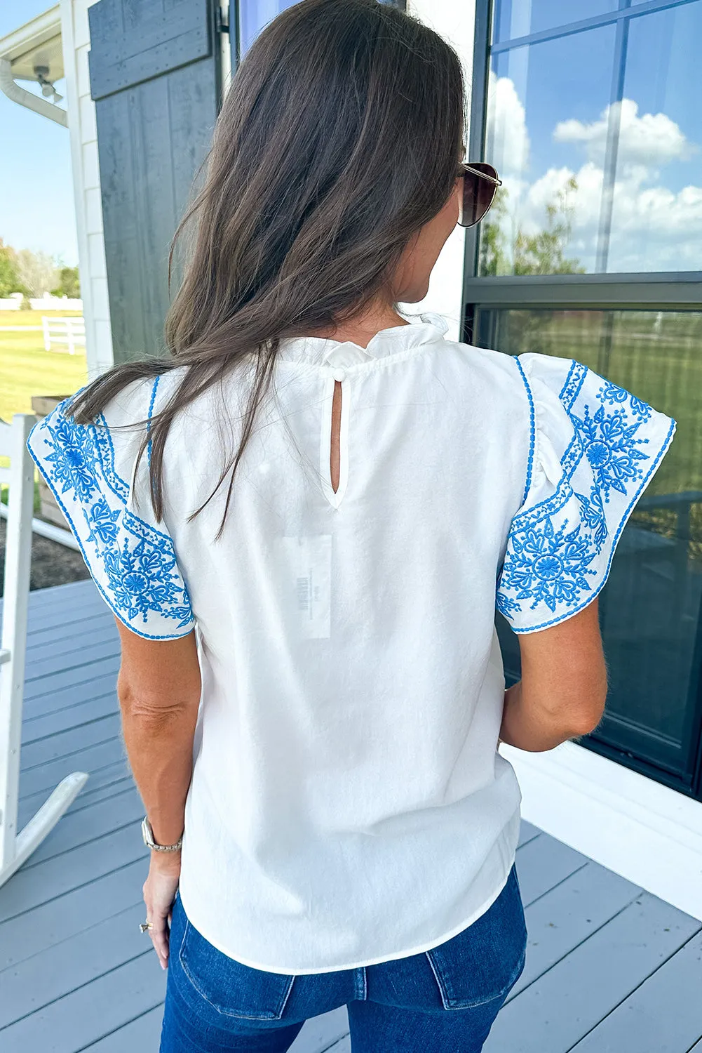 White Embroidered Ruffled Sleeve Frilled Collar Blouse sold by Beagle Boutique product image thumbnail 2