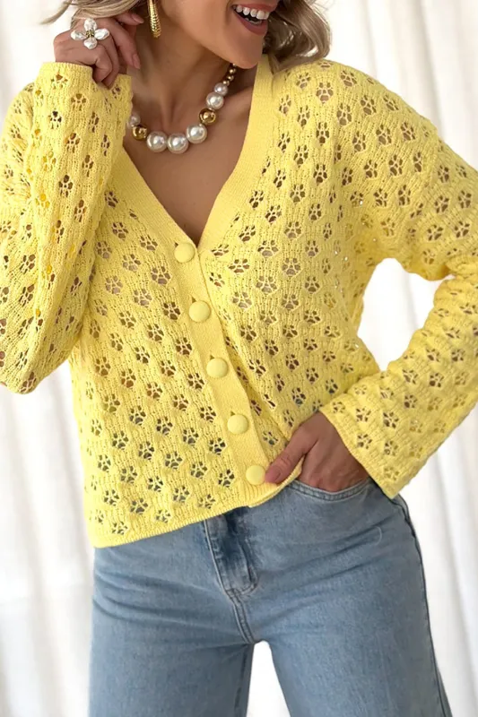 Yellow Pointelle Knit V Neck Sweater Cardigan sold by Beagle Boutique