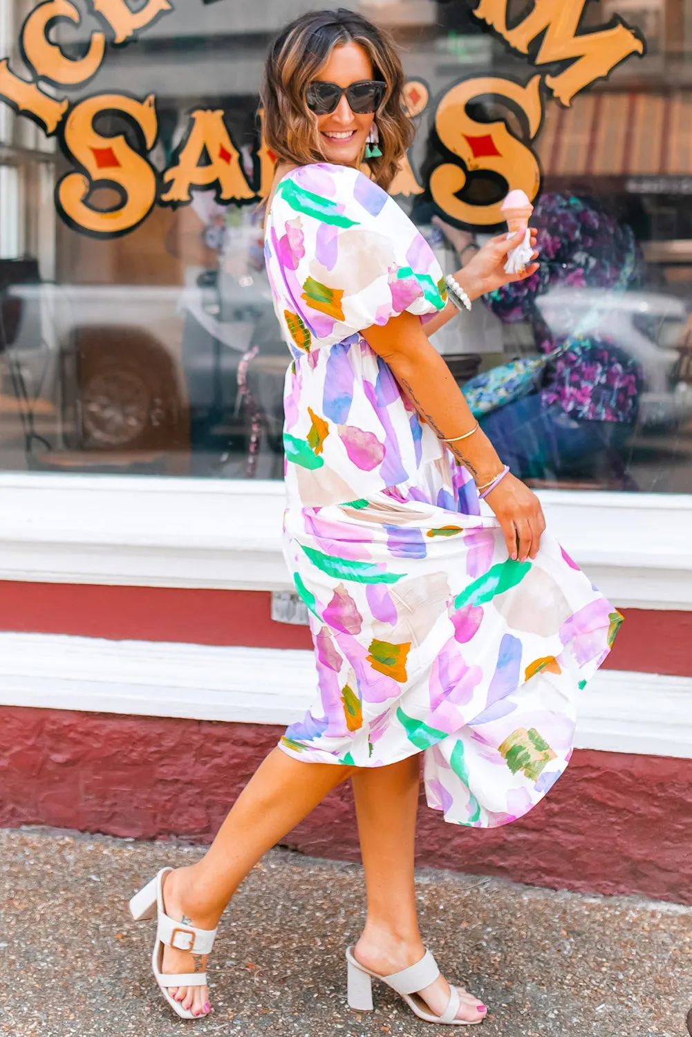 Purple Abstract Print Puff Sleeve Smocked Back Midi Dress sold by Beagle Boutique product image thumbnail 2