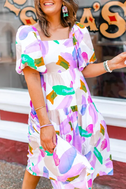 Purple Abstract Print Puff Sleeve Smocked Back Midi Dress sold by Beagle Boutique