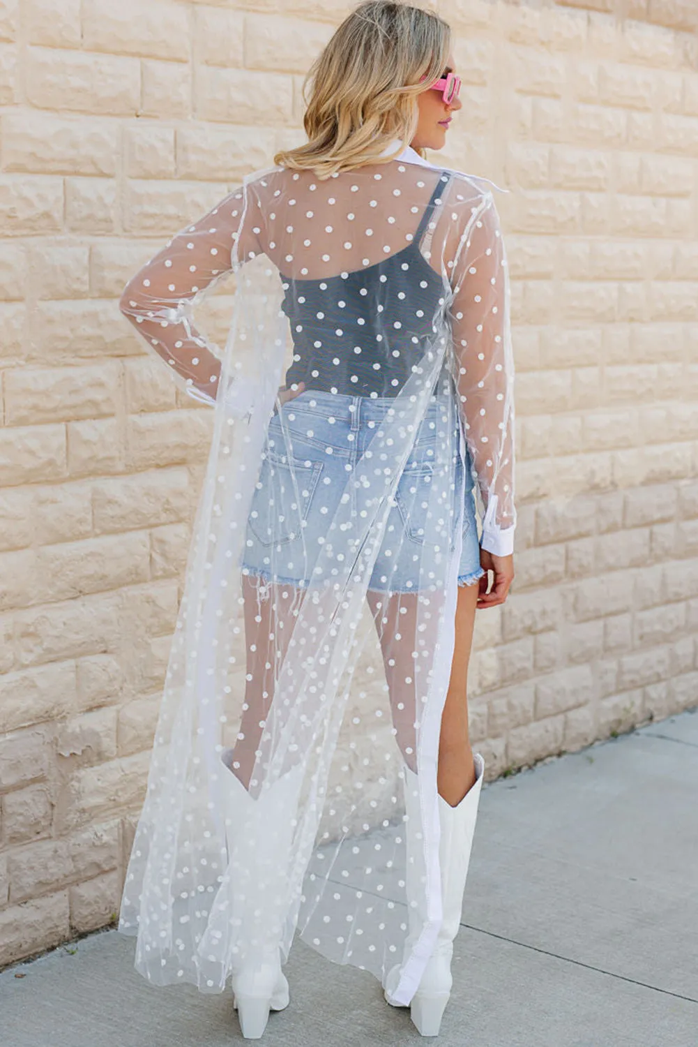 White Polka Dot Print Collared Buttoned Mesh Duster Kimono sold by Beagle Boutique product image thumbnail 2
