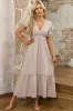Oatmeal Lace V Neck Ruffled Sleeve Empire Waist Dress sold by Beagle Boutique