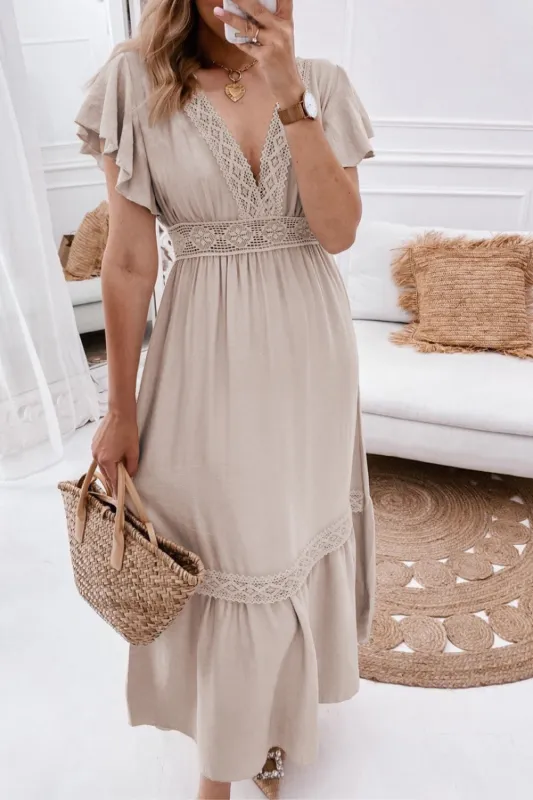 Oatmeal Lace V Neck Ruffled Sleeve Empire Waist Dress sold by Beagle Boutique