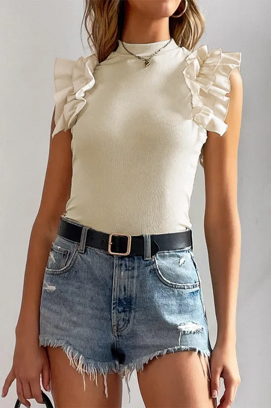 Beige Ruffle Flutter Sleeve High Neck Ribbed Blouse sold by Beagle Boutique