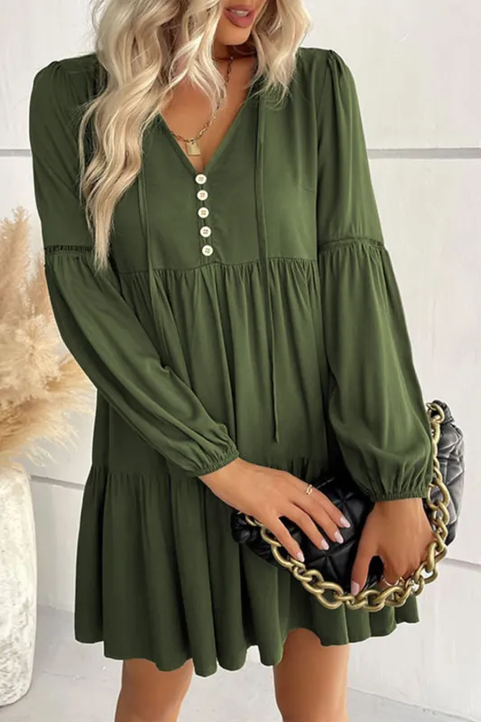 Green Lace Puff Sleeve Buttoned Tiered Ruffled Mini Dress sold by Beagle Boutique