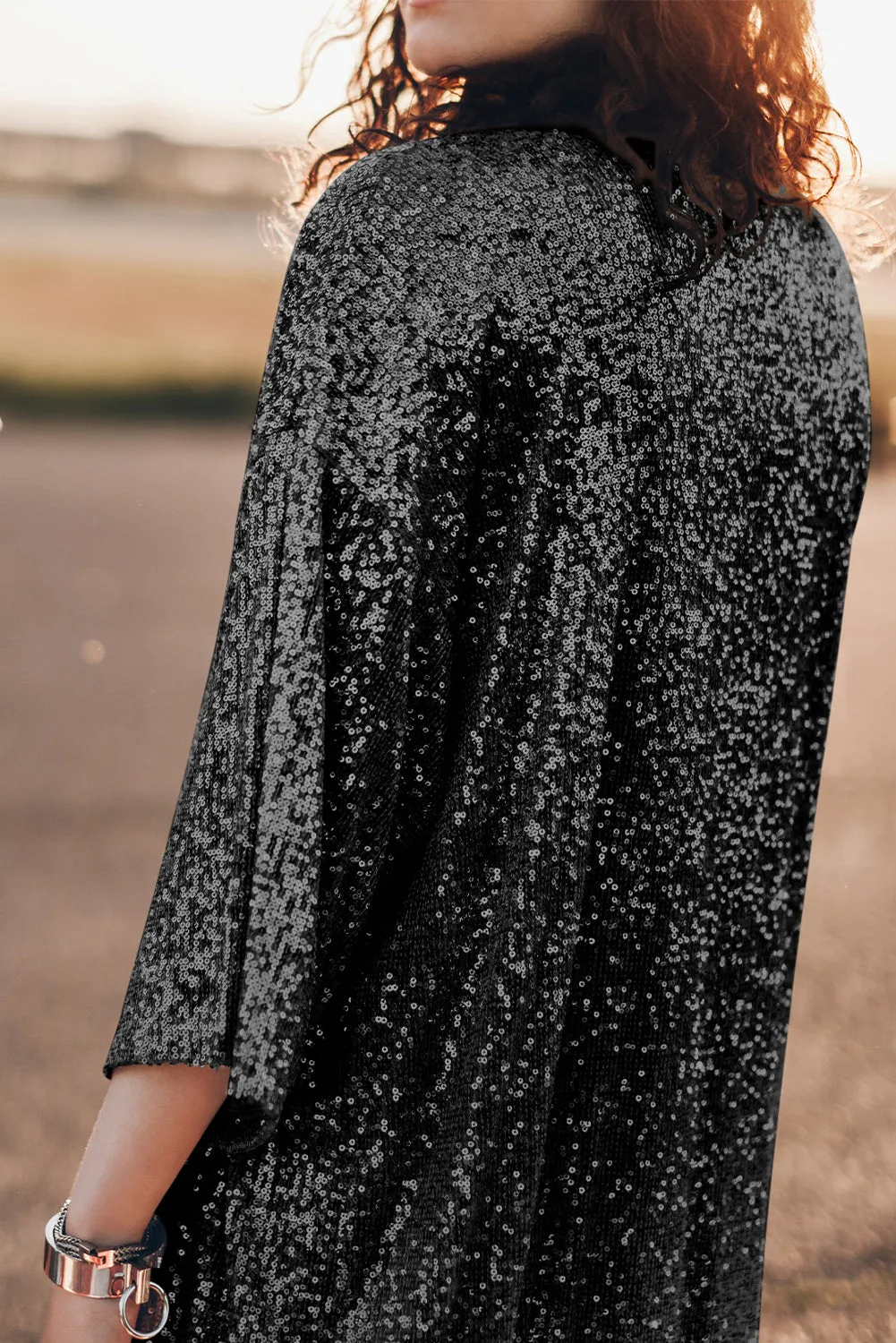 Black Sequin 3/4 Sleeve Open Front Duster Kimono sold by Beagle Boutique product image thumbnail 3