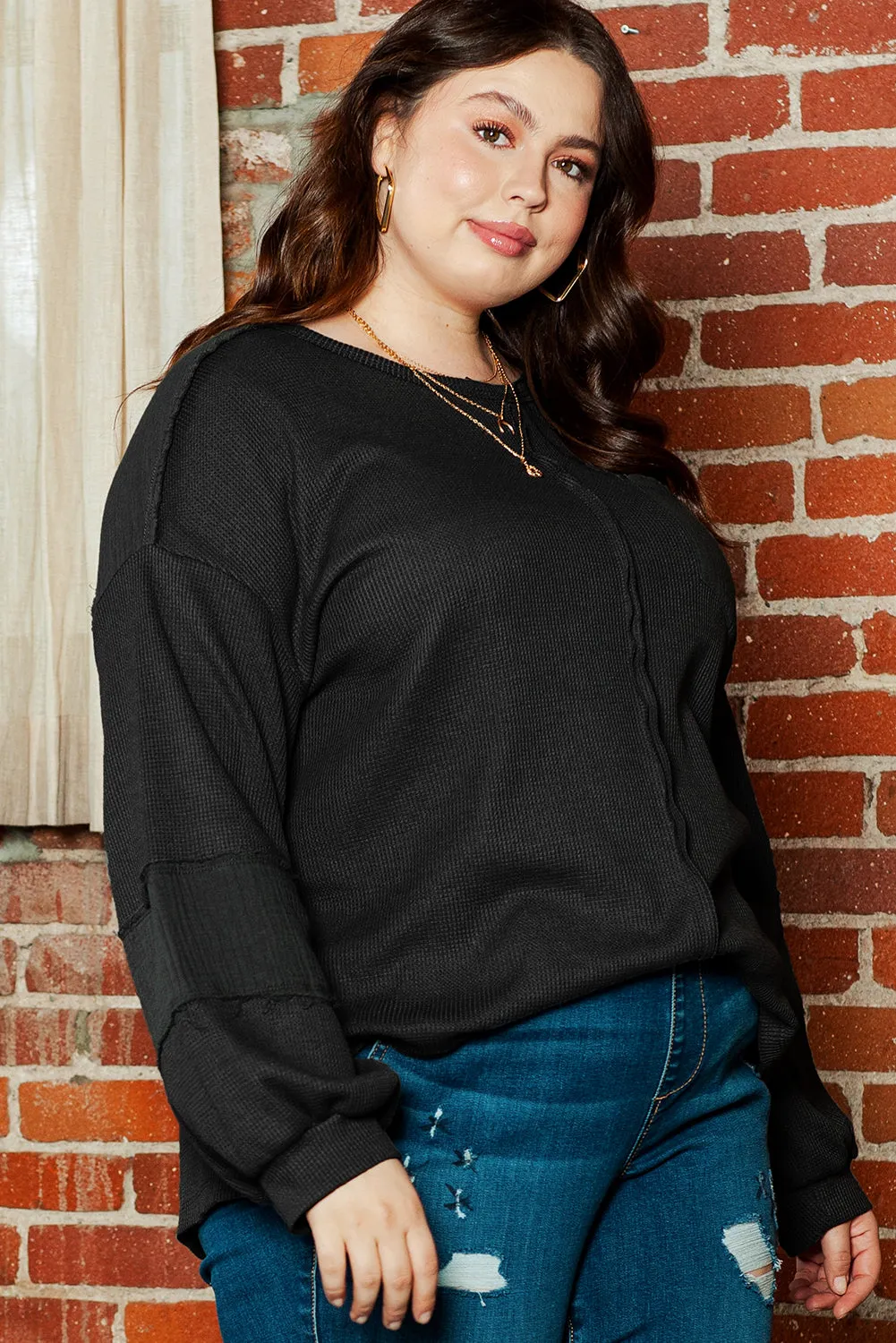 Black Plus Size Exposed Seam Crinkle Patchwork Top sold by Beagle Boutique product image thumbnail 3