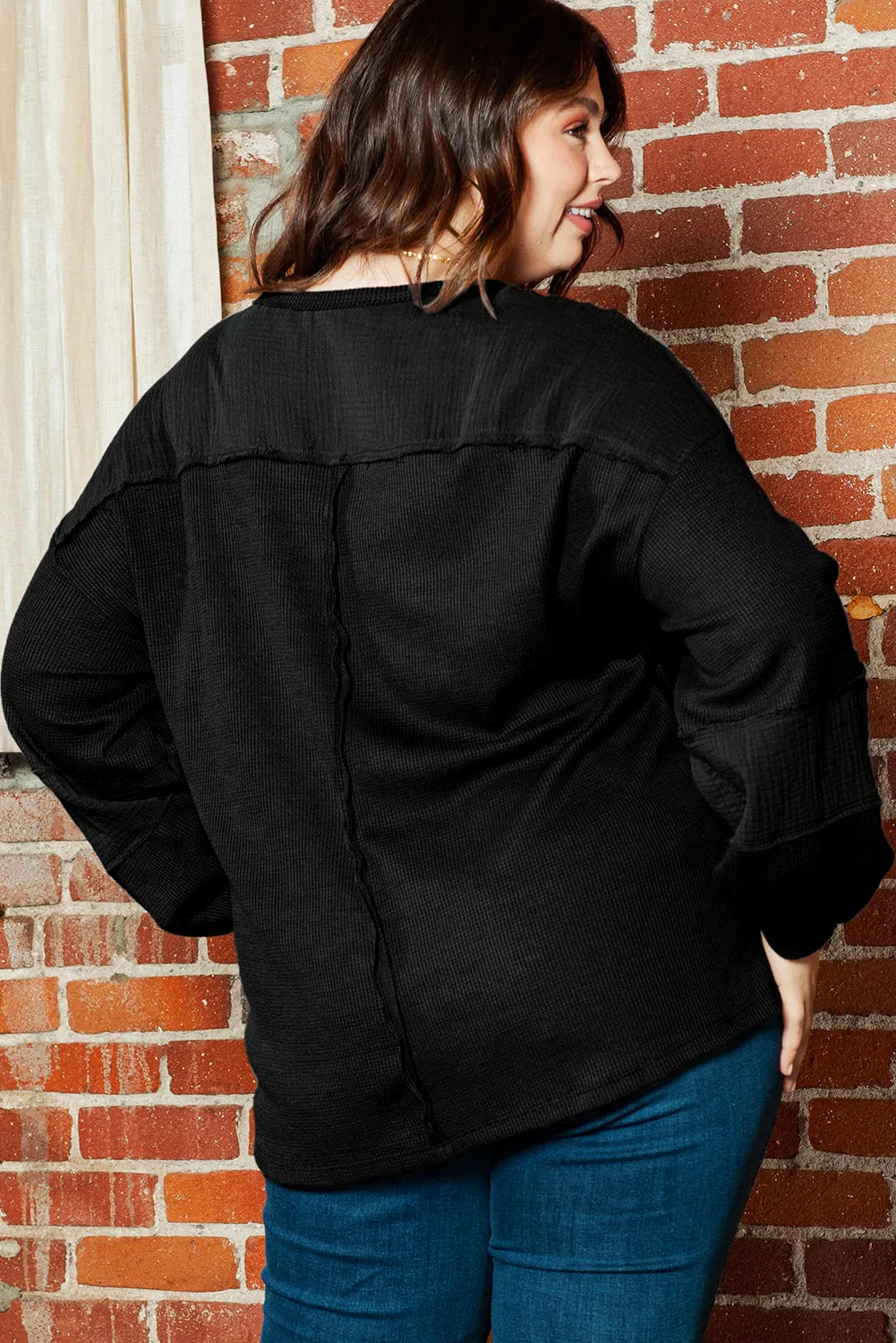 Black Plus Size Exposed Seam Crinkle Patchwork Top sold by Beagle Boutique product image thumbnail 2